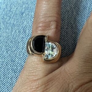 Gold Tone Onyx & CZ Two-Tone Ring Size 6 #622